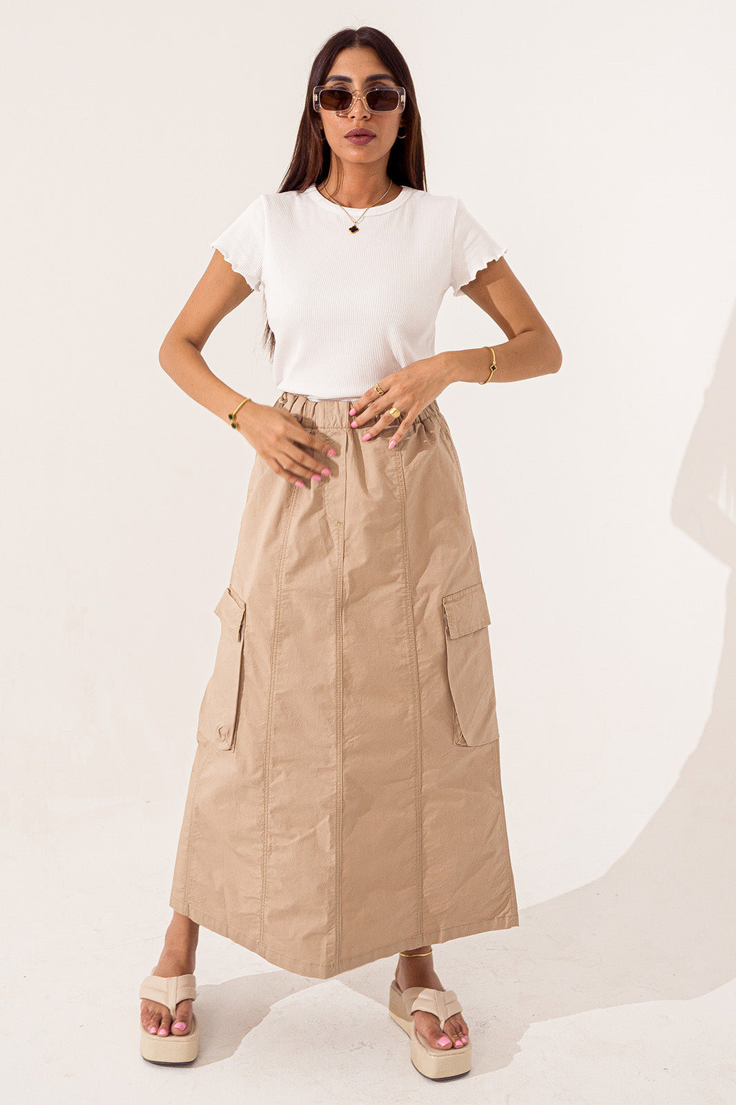 GABARDINE-BLEND MIDI SKIRT