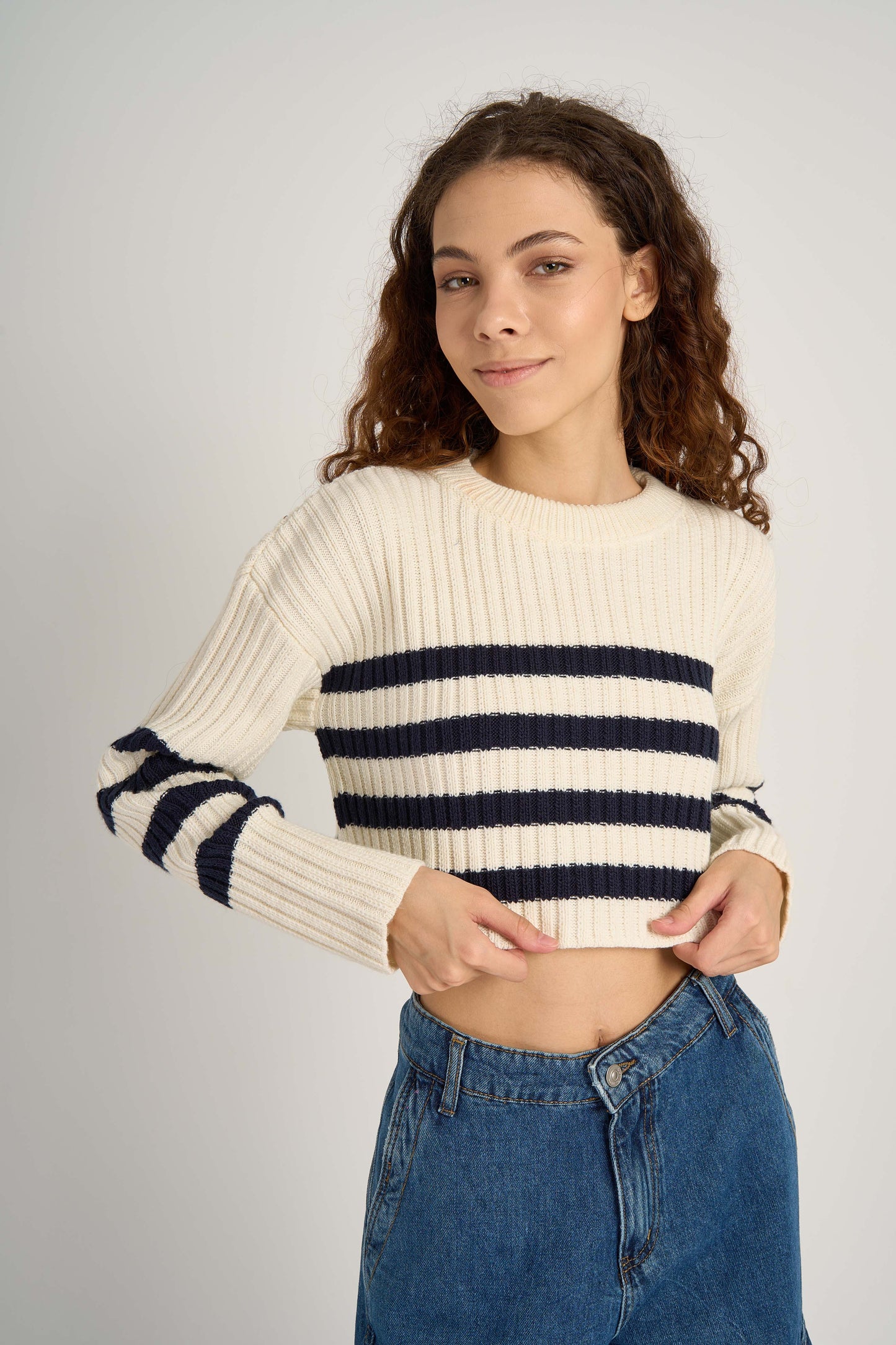 Cropped Striped Knit Sweater