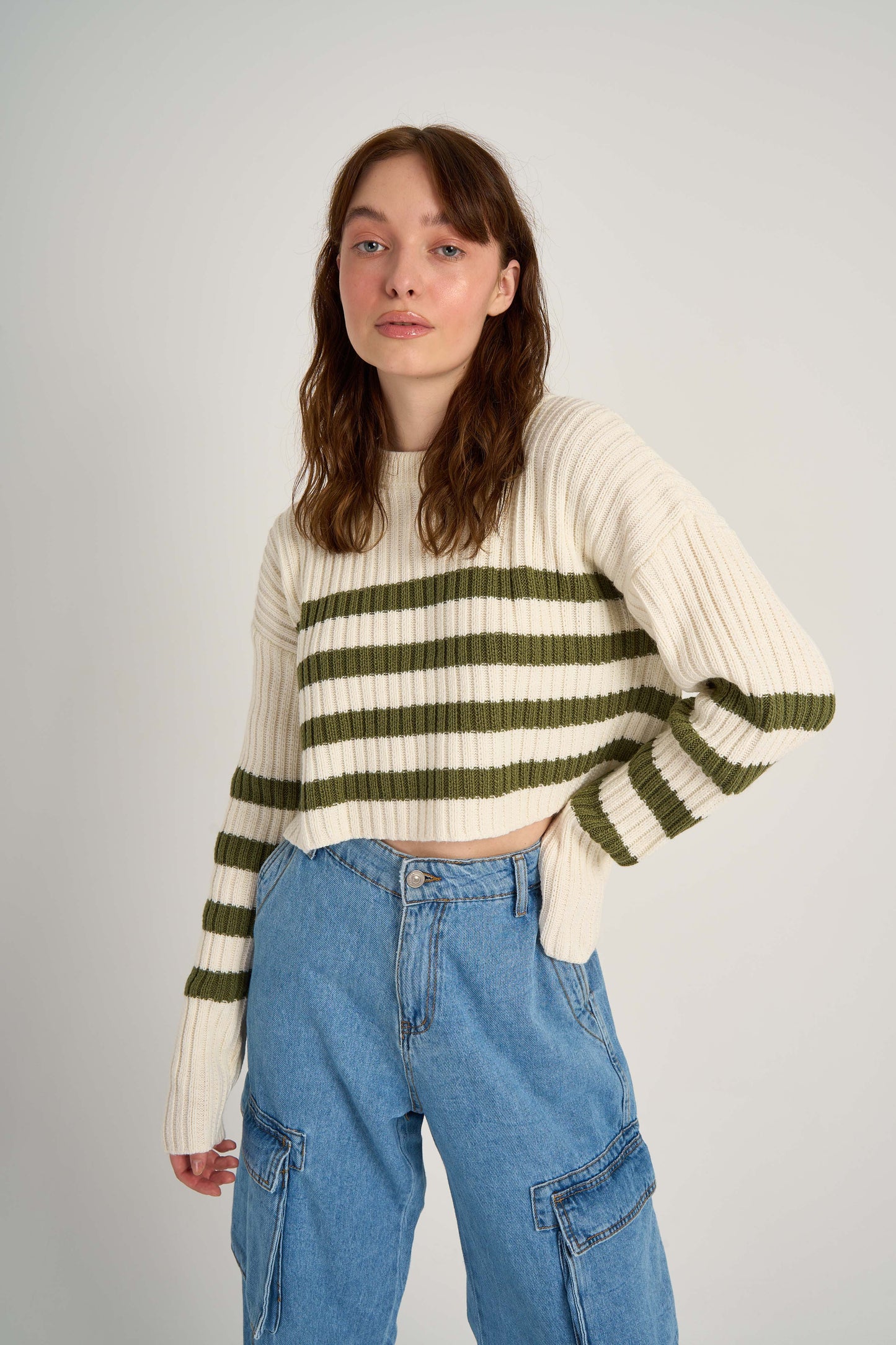 Cropped Striped Knit Sweater