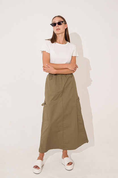 Midi Length Gabardine Skirt With Side Strap
