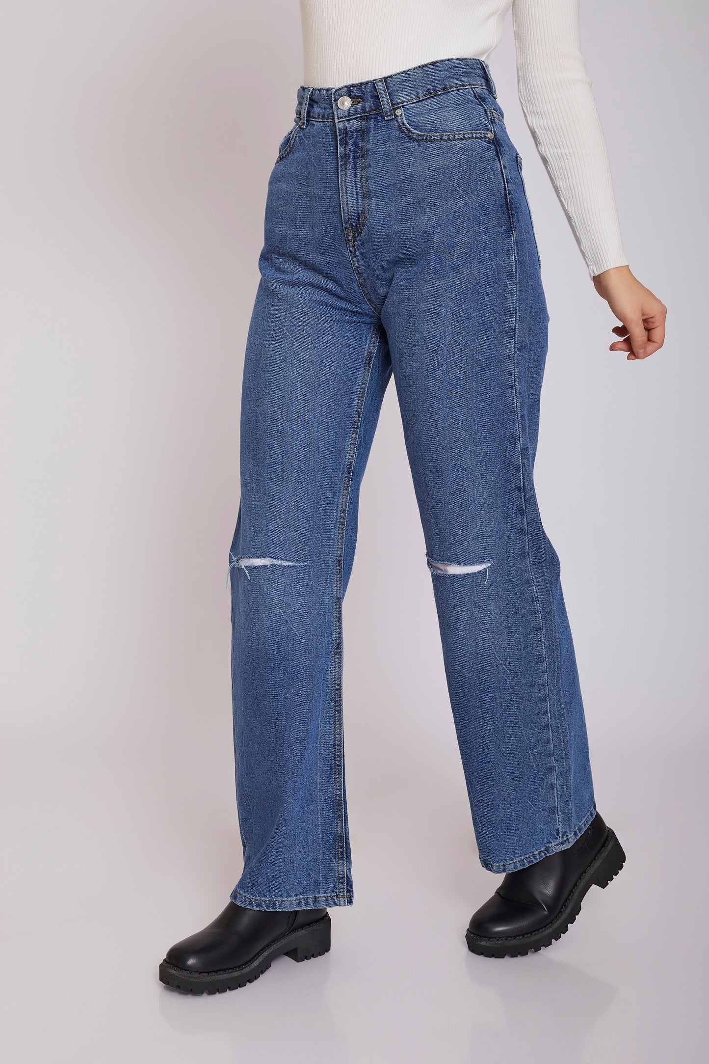 dj wide-leg ripped jeans - mid blue