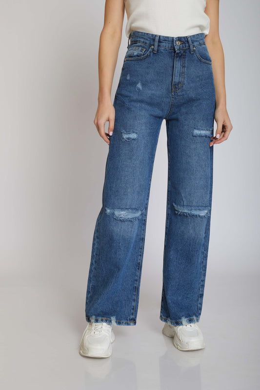 ripped wide-leg jeans - mid blue